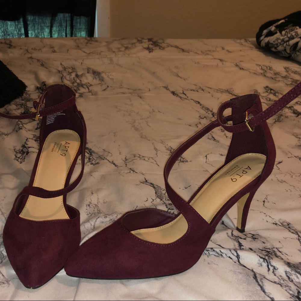 Burgundy suede pointed toe ankle strap heels